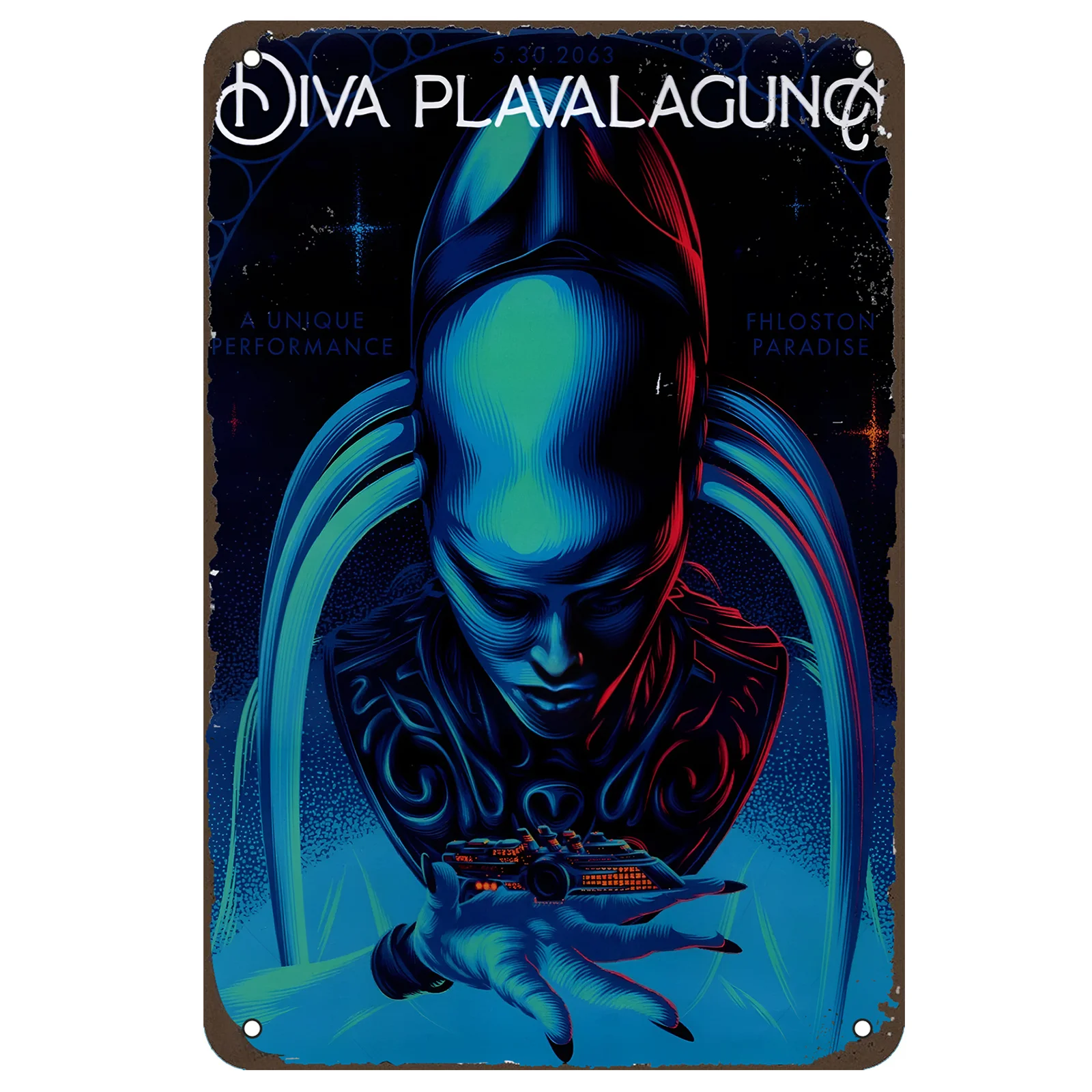 Letrero de metal Diva Plavalungung inspirado en el Quinto Elemento, arte de pared retrofuturista para clubes, cafeterías, restaurantes, bares