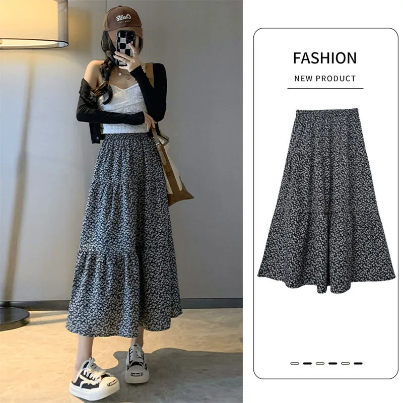 

Summer Vintage Floral Print Maxi Skirt Women Elastic High Waist Pleated A Line Long Skirts Woman Streetwear Patchwork Midi Skirt