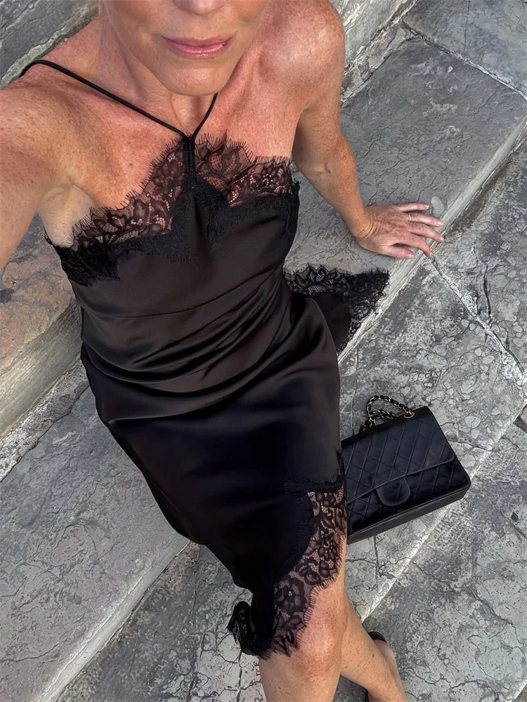 

Fashion Summer Lace Mini Dress For Women Patchwork Backless Slim Spaghetti Solid Party Dress Female V-Neck Black Dress New