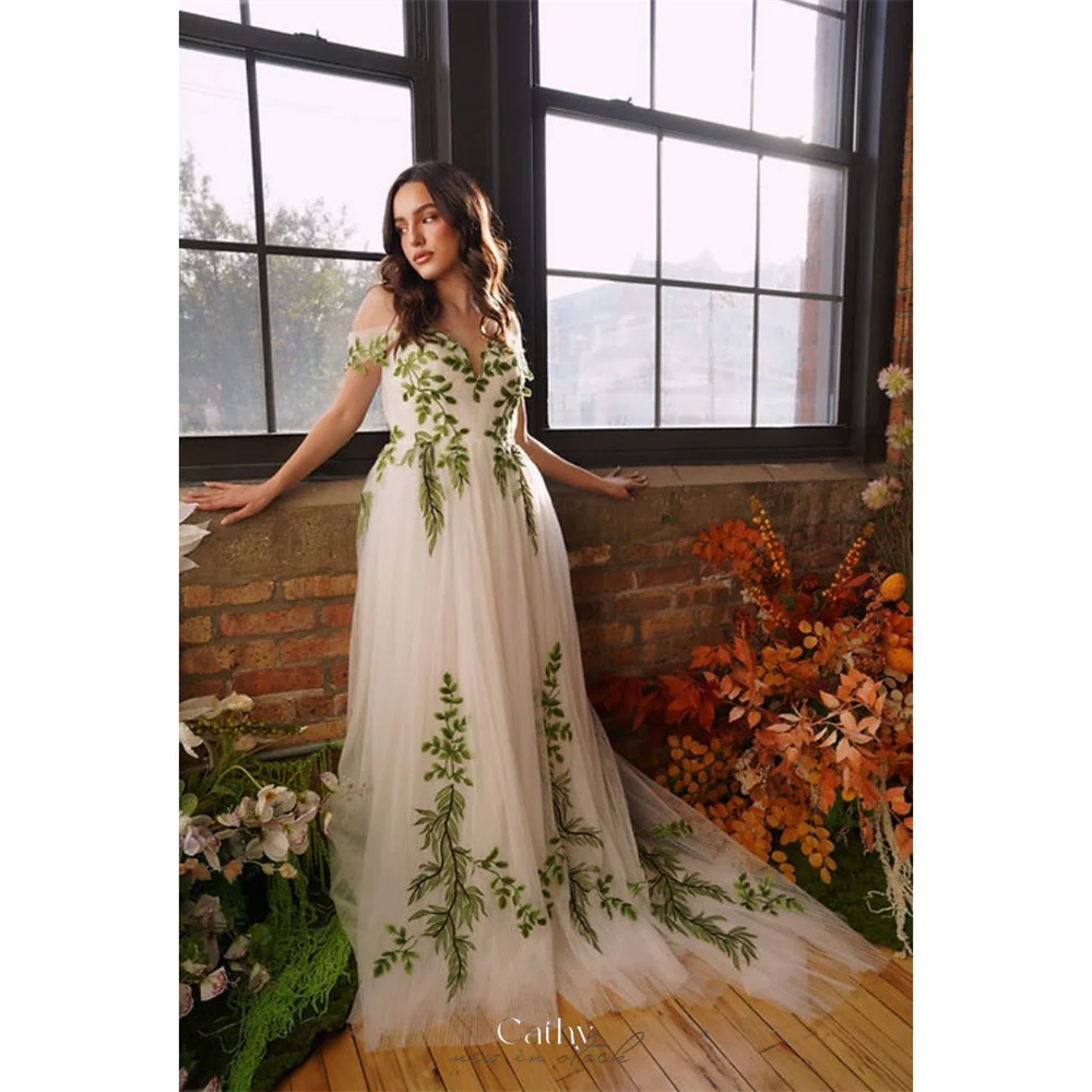 Cathy Flowers Embroidery V-neck Tulle Wedding Dresses A-line Floor-Length vestidos de noche Off the Shoulder Evening Dresses