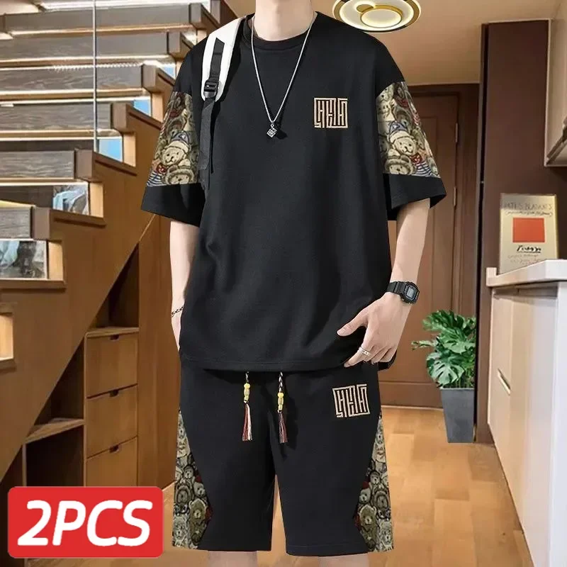 New Summer Men\'s Suit Loose Thin Short-sleeved T-shirt sets Fashion Trendy Shorts Set Casual Two-piece Suit