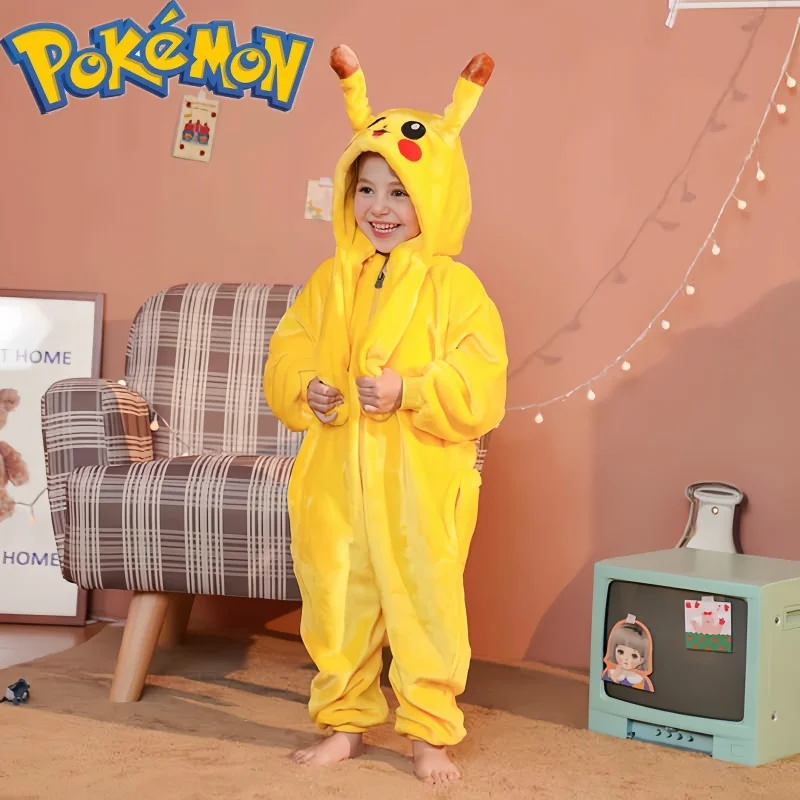 

2024 New Anime Pokemon Pikachu Plush Flannel Pajamas Piece Suit Long-Sleeved Winter Soft Warm Home Clothes Casual Children Gifts