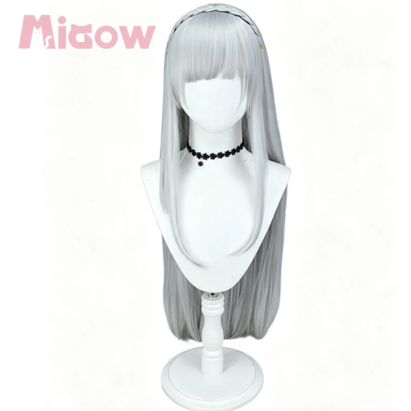 Anime 'Re:Zero'Emilia Cosplay Wig, Pre‑Styled Silver‑Grey 100cm Long Straight Wig with Braid Headband for Halloween Cosplay 2