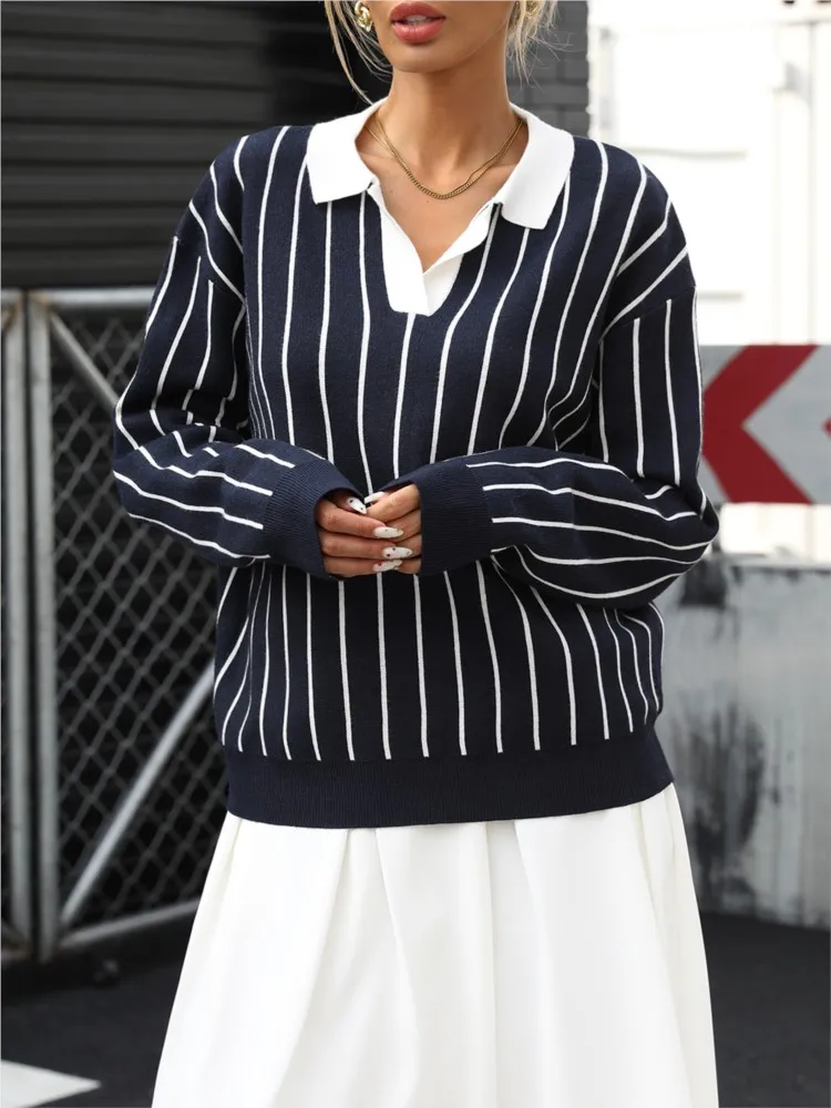 

Winter Clothes Woman Pulls Femmes Casual Trendy Lapel Striped Sweater All-match Loose Simple Style Pullover Comfortable Lapel