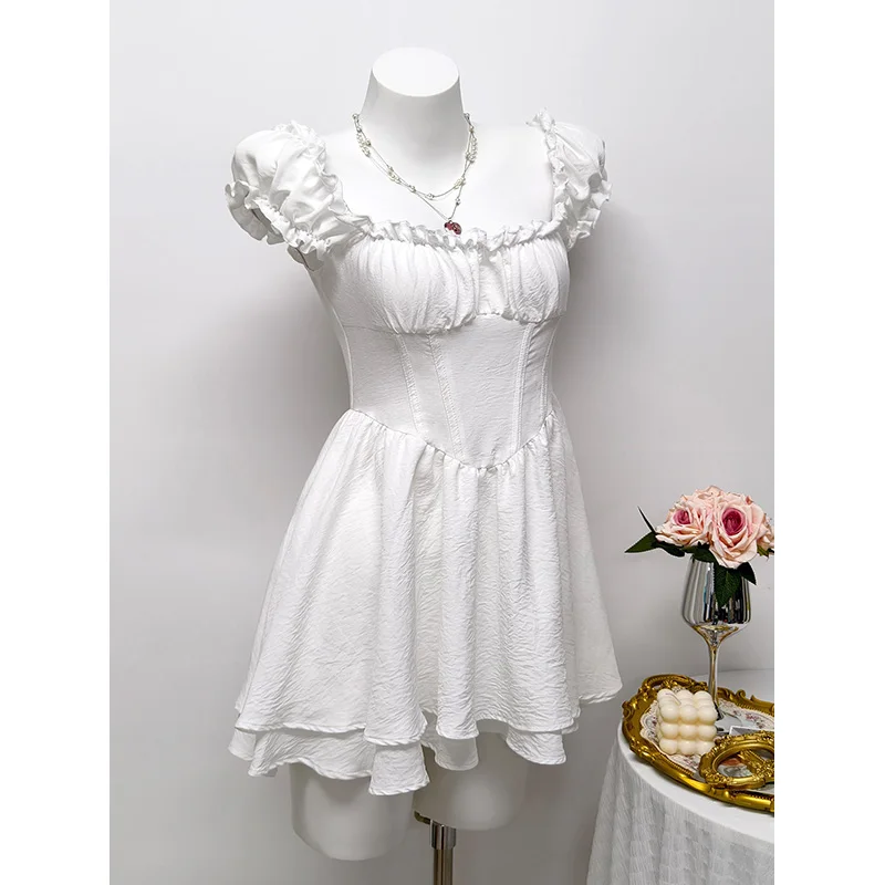 Benuynffy quadrado pescoço babado guarnição doce vestido de verão feminino 2026 nova cor sólida cintura alta em camadas bainha a linha vestidos curtos