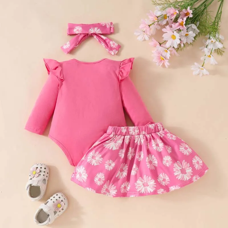 Daisy do recém-nascido Impresso Onesies, roupas de bebê, laço, meia saia do corpo, Hairband Romper Outfits, 0-18 meses, 3Pcs Set