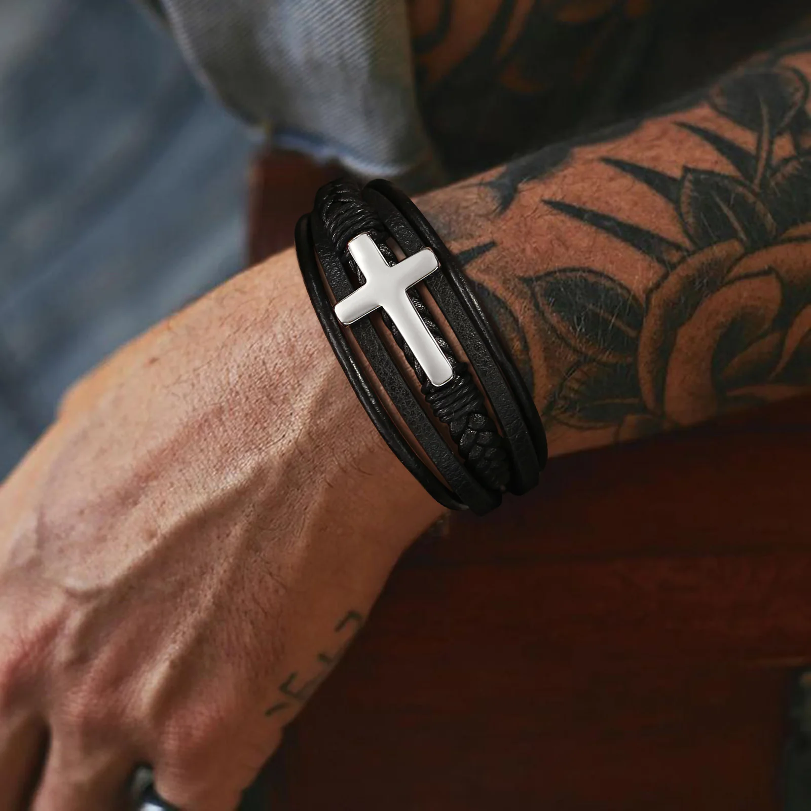 Vnox Cross Bracelets for Men, Black Braide Leather with Cross Charm Bangle, Casual Layered Christ Faith Wristband