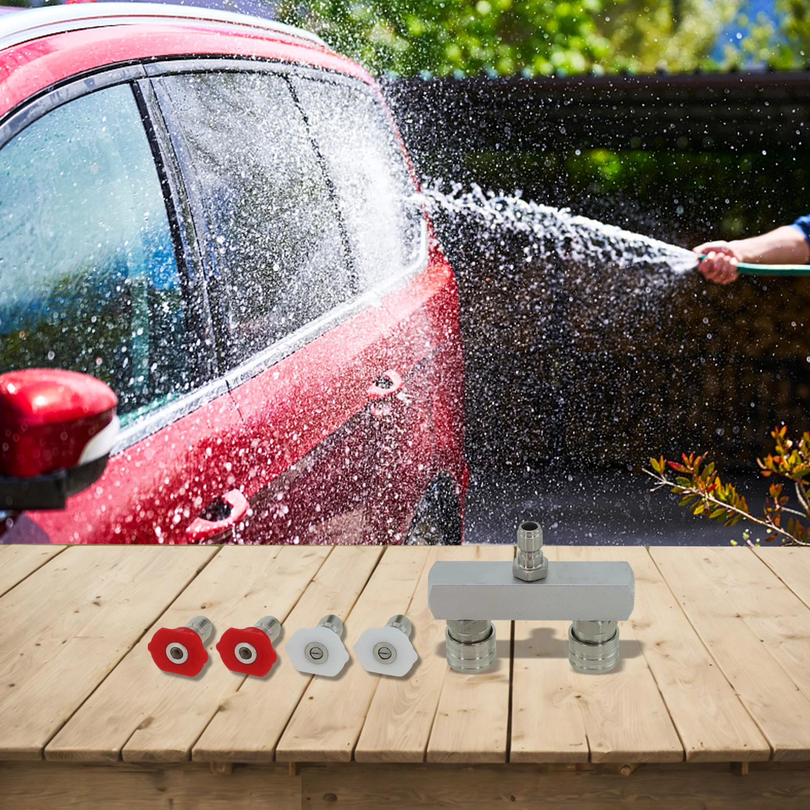 

Dual Spray Pressure Washer Nozzle for 5000 PSI Machines with Quick Connect Fitting for Enhanced Cleaning Efficiency