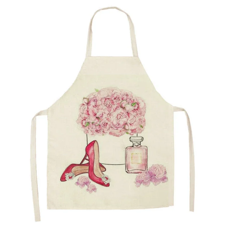 Linen Bib Hand Painted Floral Perfume Bottle Printed Apron Kitchen Antifouling Apron Unisex Dinner Cooking Bib Funny Apron