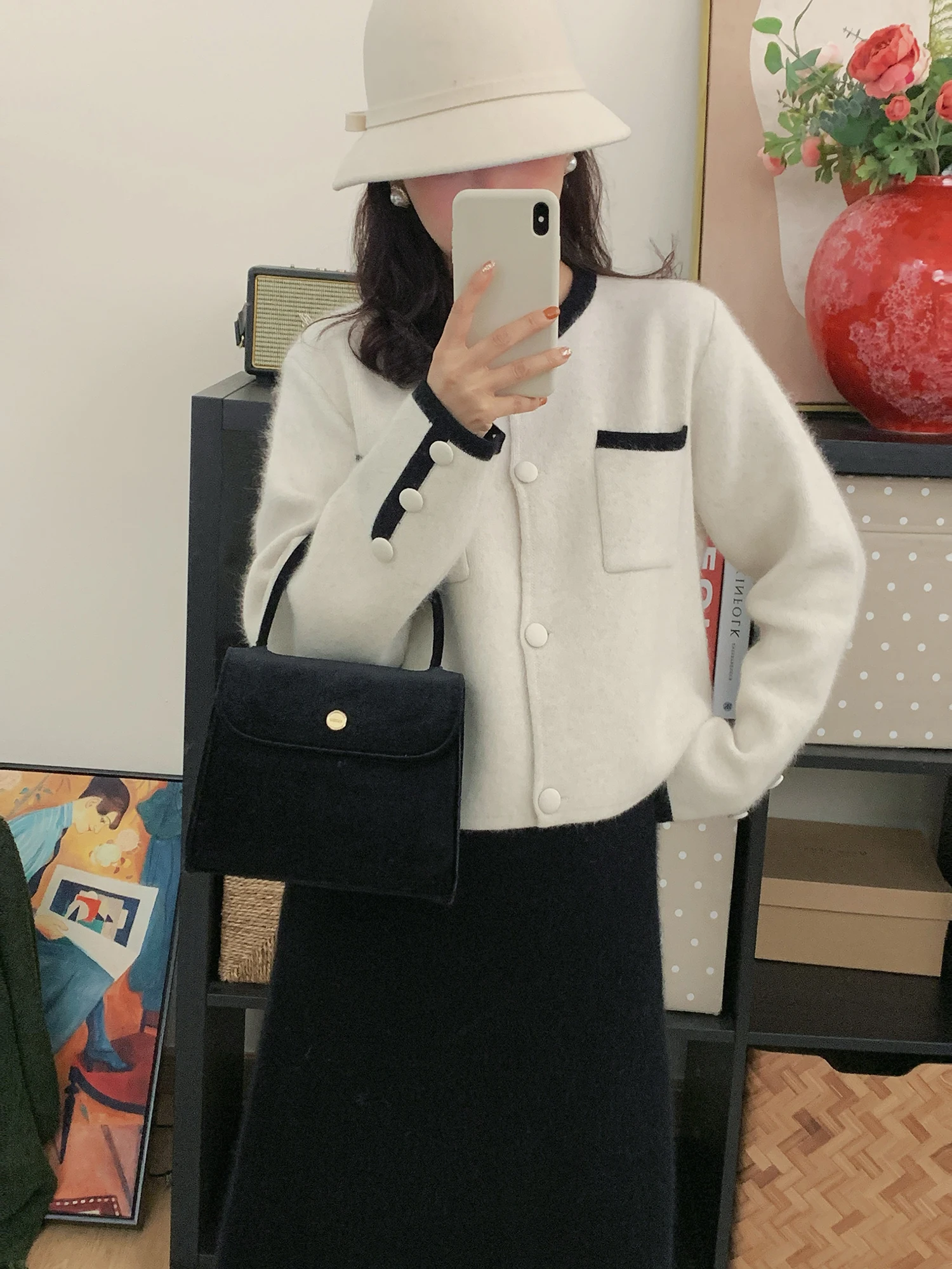 

Parisian Snapots Retro Bear Fur ort Knitted Sweater Coat Women's Autumn Winter round Ne Open Cardigan Sweet Sle