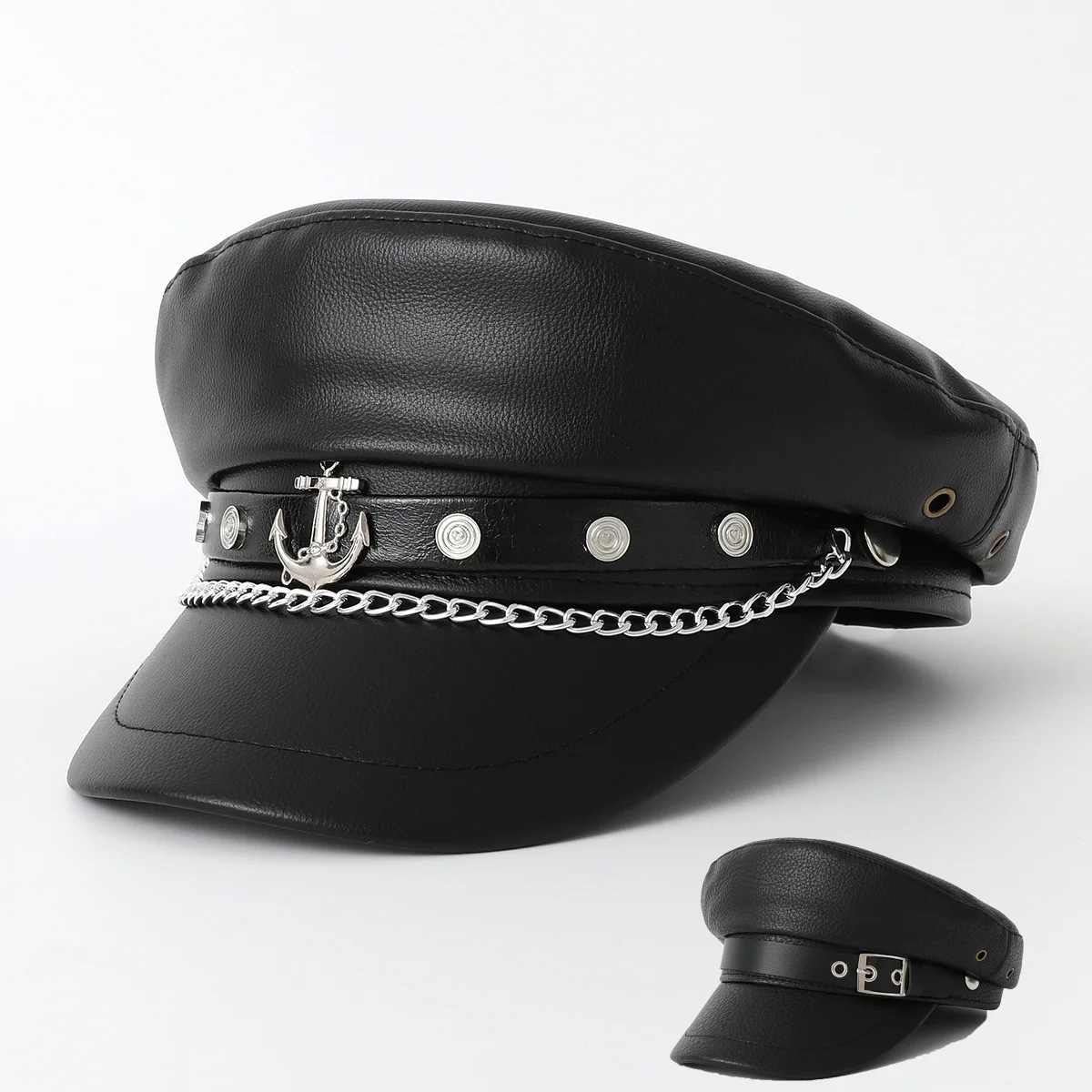 

Faux Leather Punk Rock Sailor Hat Unisex Black Short-Brim Cap with Metal Chain Decor for Stage Performance & Streetwear Styling