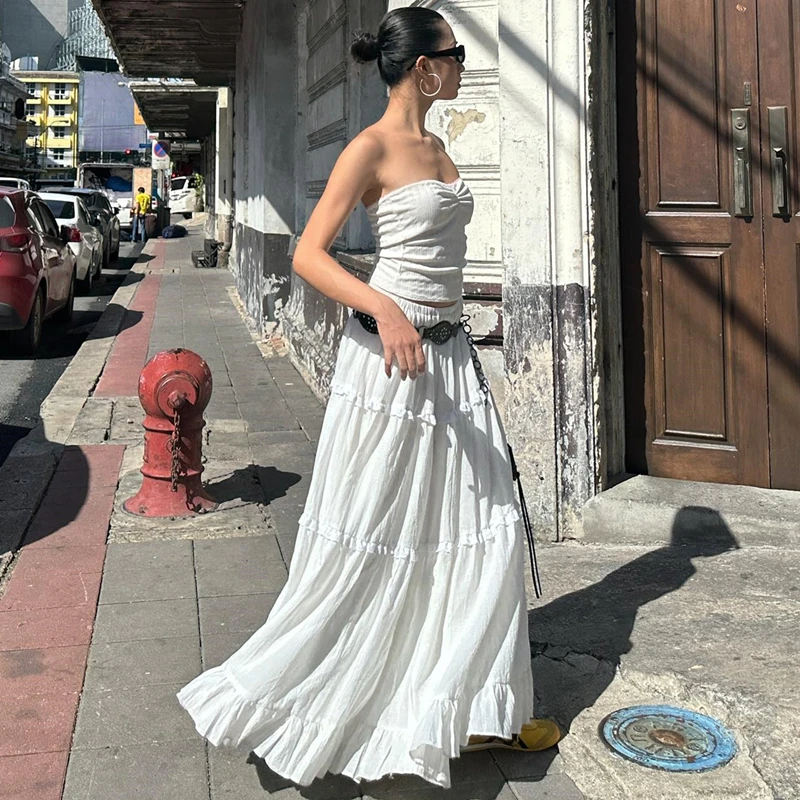 Candyhot Elegant Off Shoulder Strapless Backless Tank Top With Elastic Waist Pleated Long Skirts Women Beach Holiday 2 Piece Set