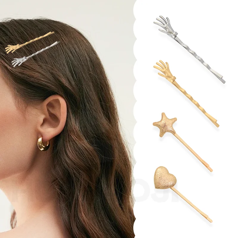 Fashion Palm Shaped Straight Line Hairpin Simple Metal Women Bangs Side Hair Clip Geometric Star Barrettes