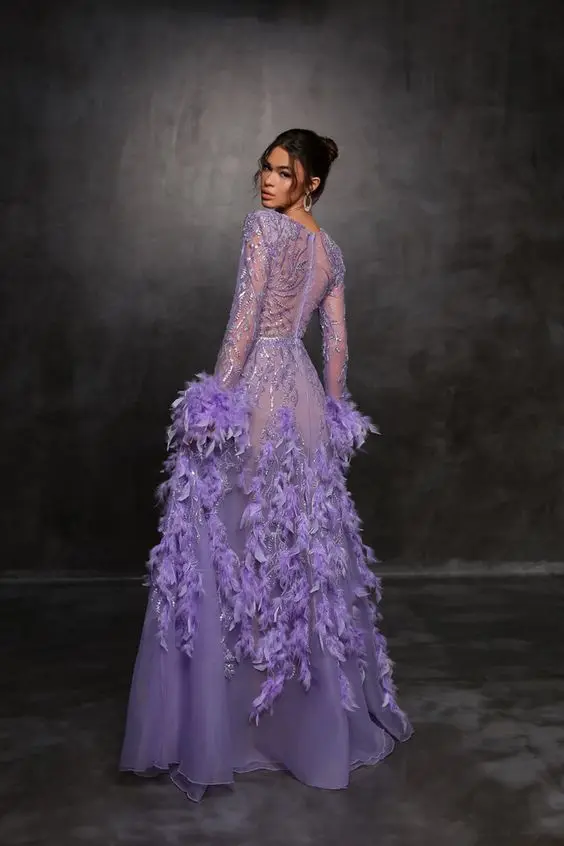 Lavender Deep V Neck Evening Gowns Lace Long Sleeves Feather A Line Prom Dresses Saudi Arabia Women Formal Occasion Party Dress