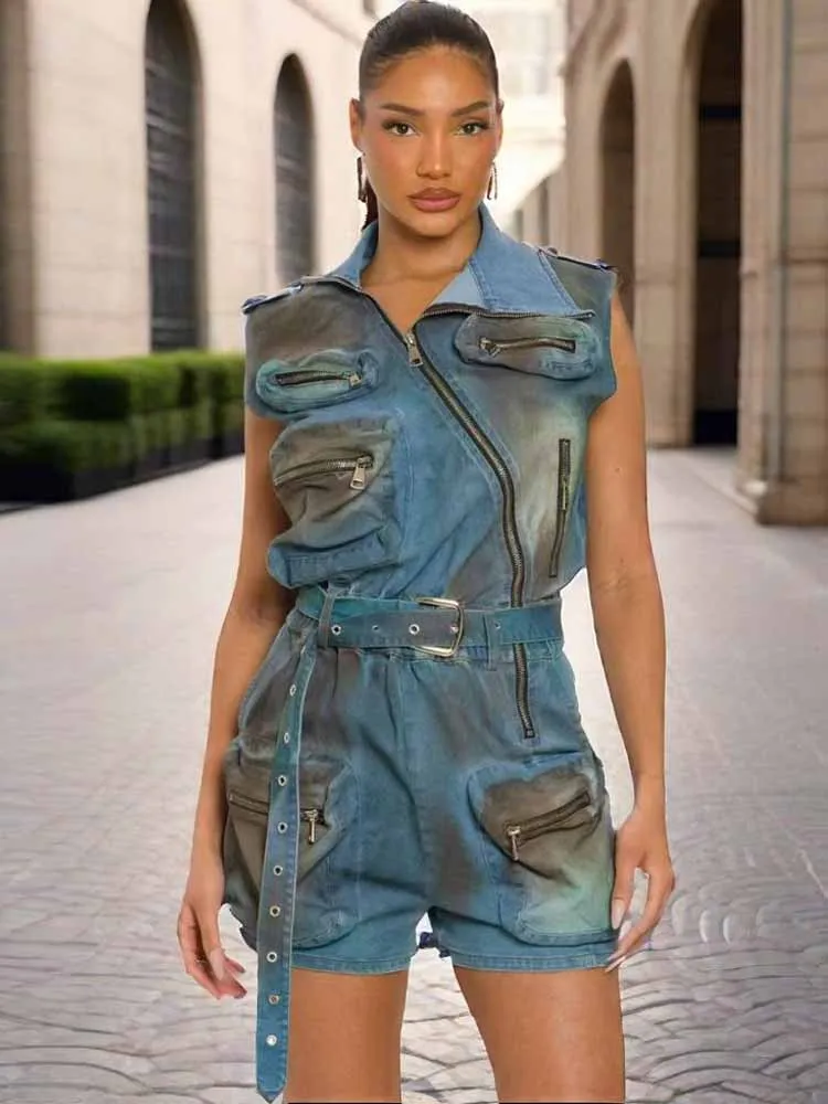 

BKQU винтажный джинсовый комбинезон с принтом тай-дай, женский джинсовый комбинезон без рукавов с несколькими карманами и поясом на молнии, шорты, трендовая уличная одежда 2025 г.