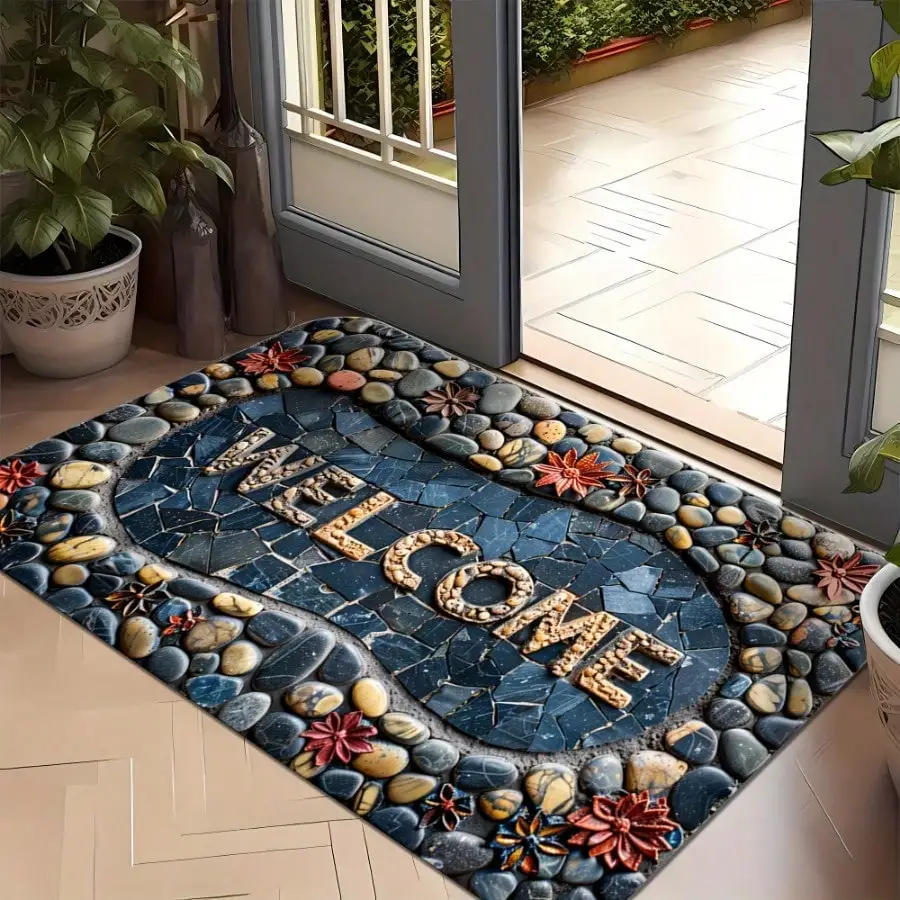 

Mosaic Stone Pattern Welcome Doormat - Non-Slip, Stain Resistant, Machine Washable