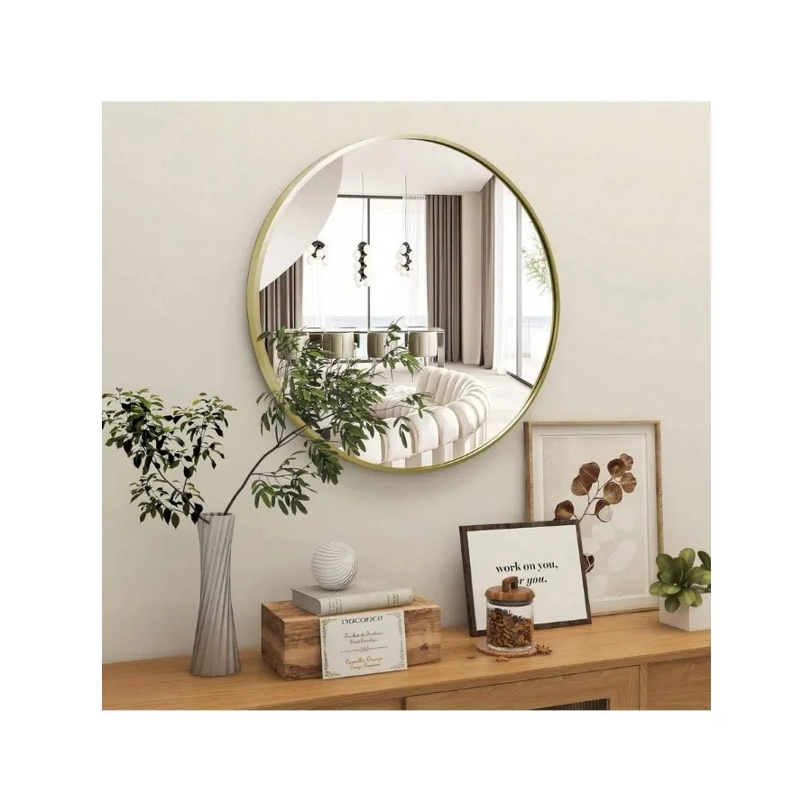 

Round Mirror With French Gold Aluminum Frame, Stylish Circle Mirror For Vanity Make Up, Circular Mirror For Bathroom/Entryway/B