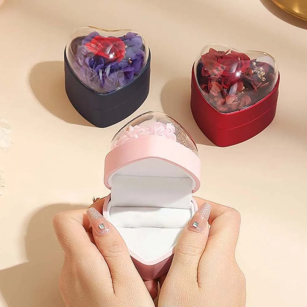 

Luxury Composite Paper Heart Ring Box Rose Acrylic Ring Display Case Three-dimensional Solid Color Jewelry Organizer Spouse
