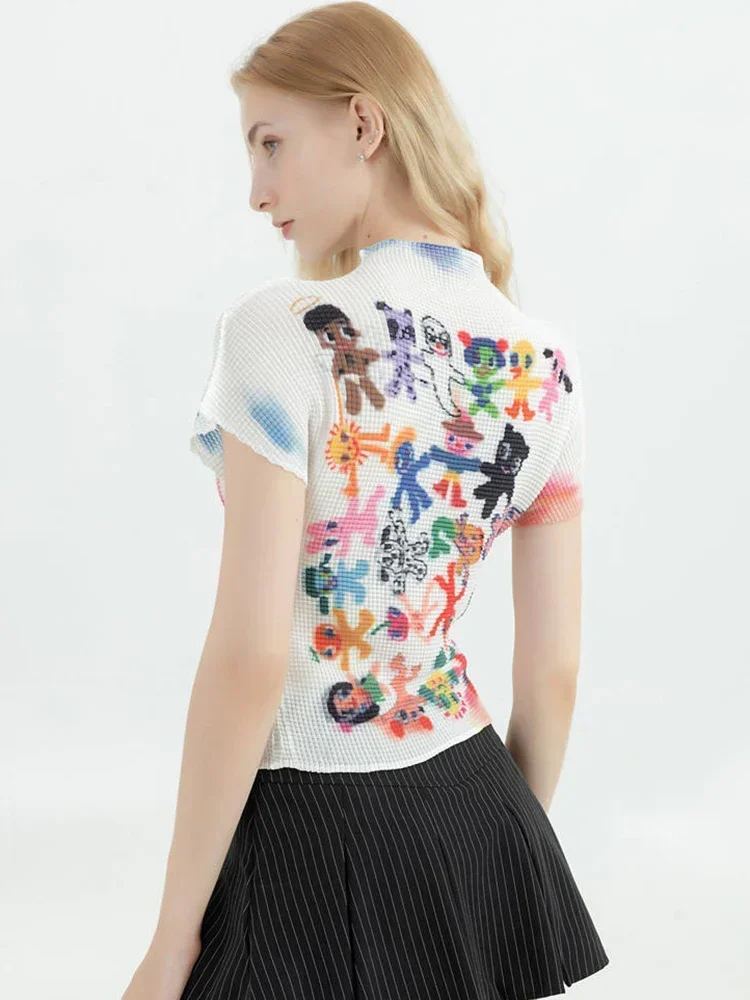 تي شيرت نسائي Harajuku كوري Y2k جرافيك مطبوع بأكمام قصيرة تي شيرت علوي ملابس عصرية عتيقة ملابس الشارع الشهير تي شيرت صيفي برقبة دائرية