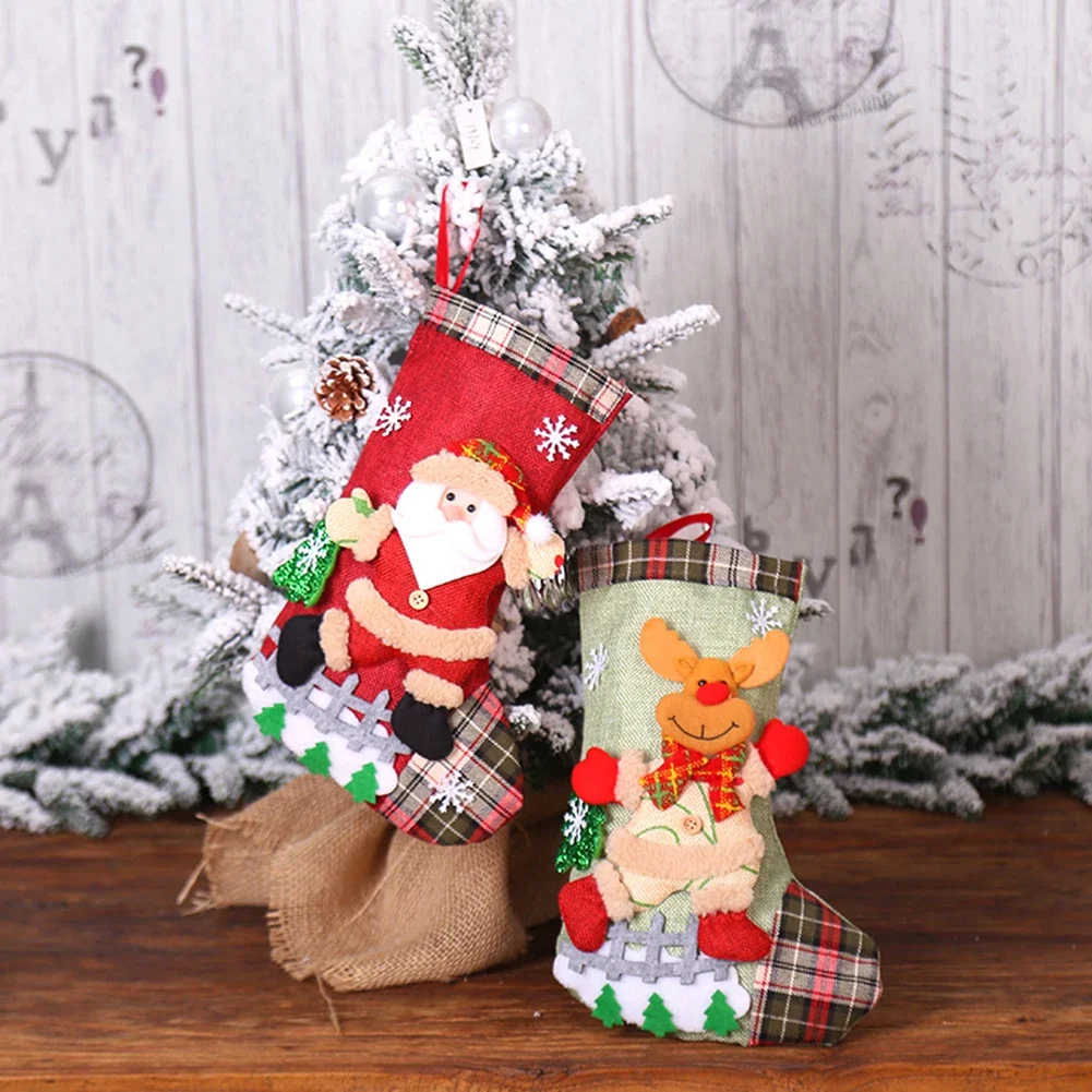 1pcs Christmas Stockings Fireplace Hanging Linen Present Candy Bag  3D Pattern Christmas Sock For Kids Christmas Navidad Decor