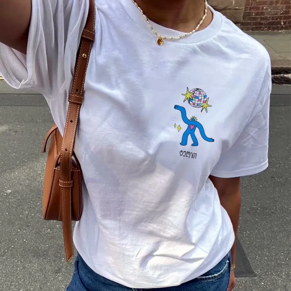 

American Vintage Style Cartoon dancer Printed Funny T Shirts Unisex White Loose Cotton Short Sleeve Tops Street Fashion Ins Tees