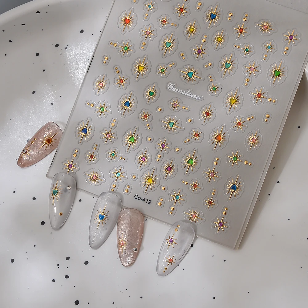 1Pc 골드 스탬핑 멀티 컬러 지르콘 하트 모양의 하이 엔드 장식 5d 릴리프 맞춤형 여성 네일 장난감 스티커