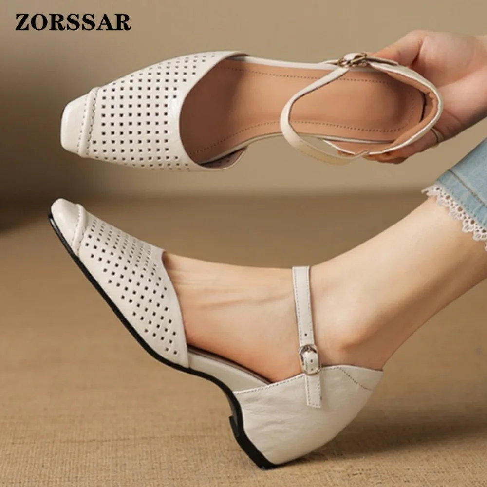 

Womens Square Toe Ankle Strap Sandals Perforated Leather Low Heel Closed Toe Comfortable Casual Dress Shoes Stylish Footwear