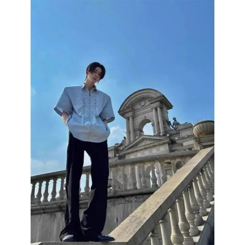 Zippered Shoulder Pad Shirt Men's Short-sleeved Summer High-end Work Shirt Design Sense Five-point Sleeve