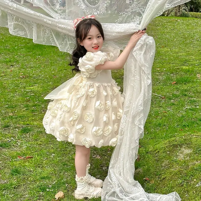 

Girls Dress 2024 Summer New Foreign Style Little Girl Skirt Sweet Three-dimensional Flower Girl Princess Dress Temperament