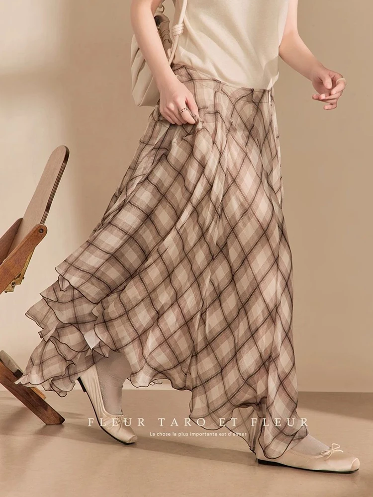 Zoki-Falda larga a cuadros Vintage para mujer, faldas acampanadas elegantes bohemias de cintura alta, faldas largas informales holgadas Retro irregulares para playa