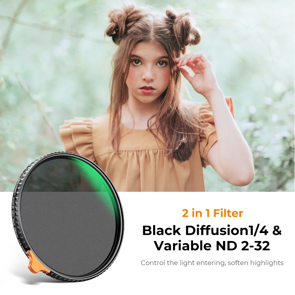 K&F Concept ND2-32+1/4 Black Mist Filter 2in1 Variable ND Filter 49-82mm Video Camera Lens Filter 28-Layer Coated