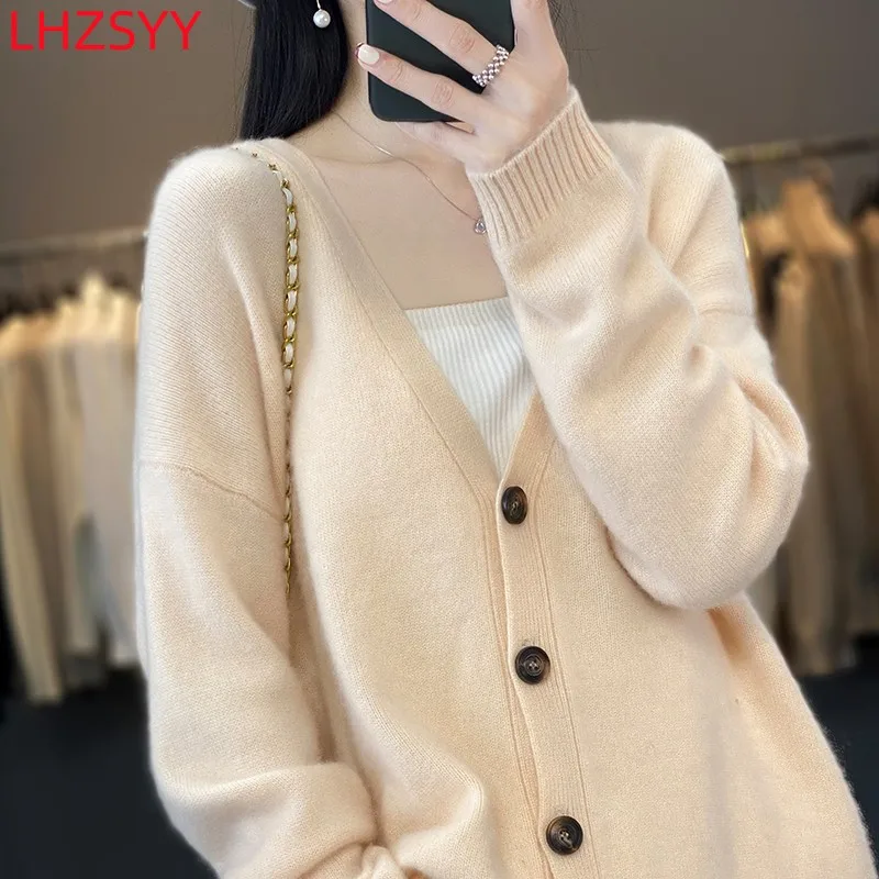 LHZSYY Women\'s New 100% Pure Wool Cardigan Autumn Long-Sleeved Coat V-neck Female Jacket Thick Sweaters Large size Knit Shirts