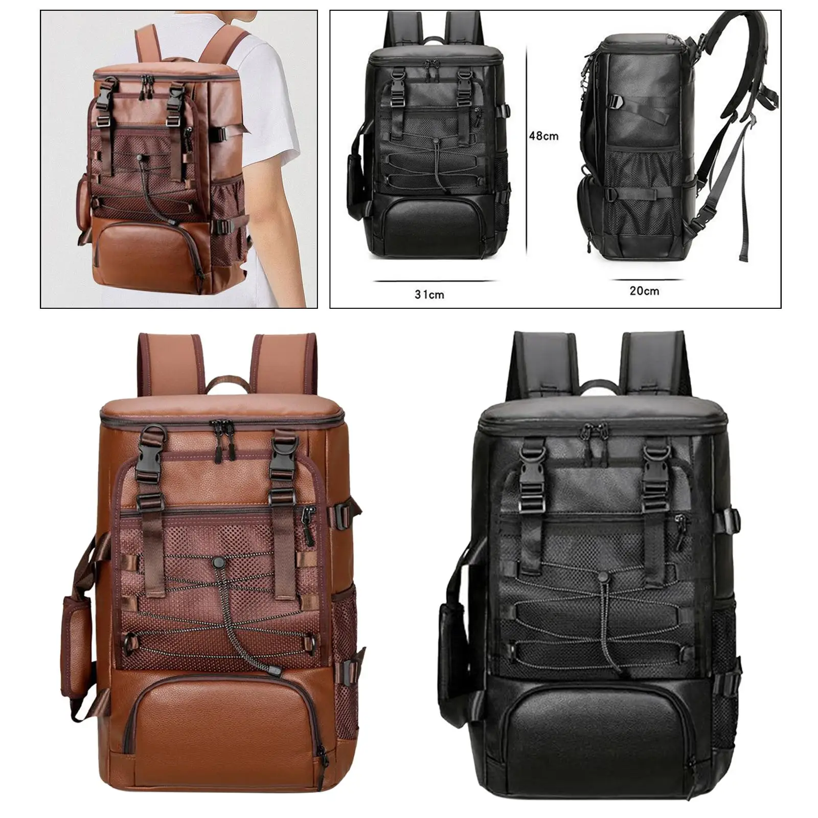 Skateboard Backpack Pouch PU Leather for Men Multifunctional Laptop Backpack