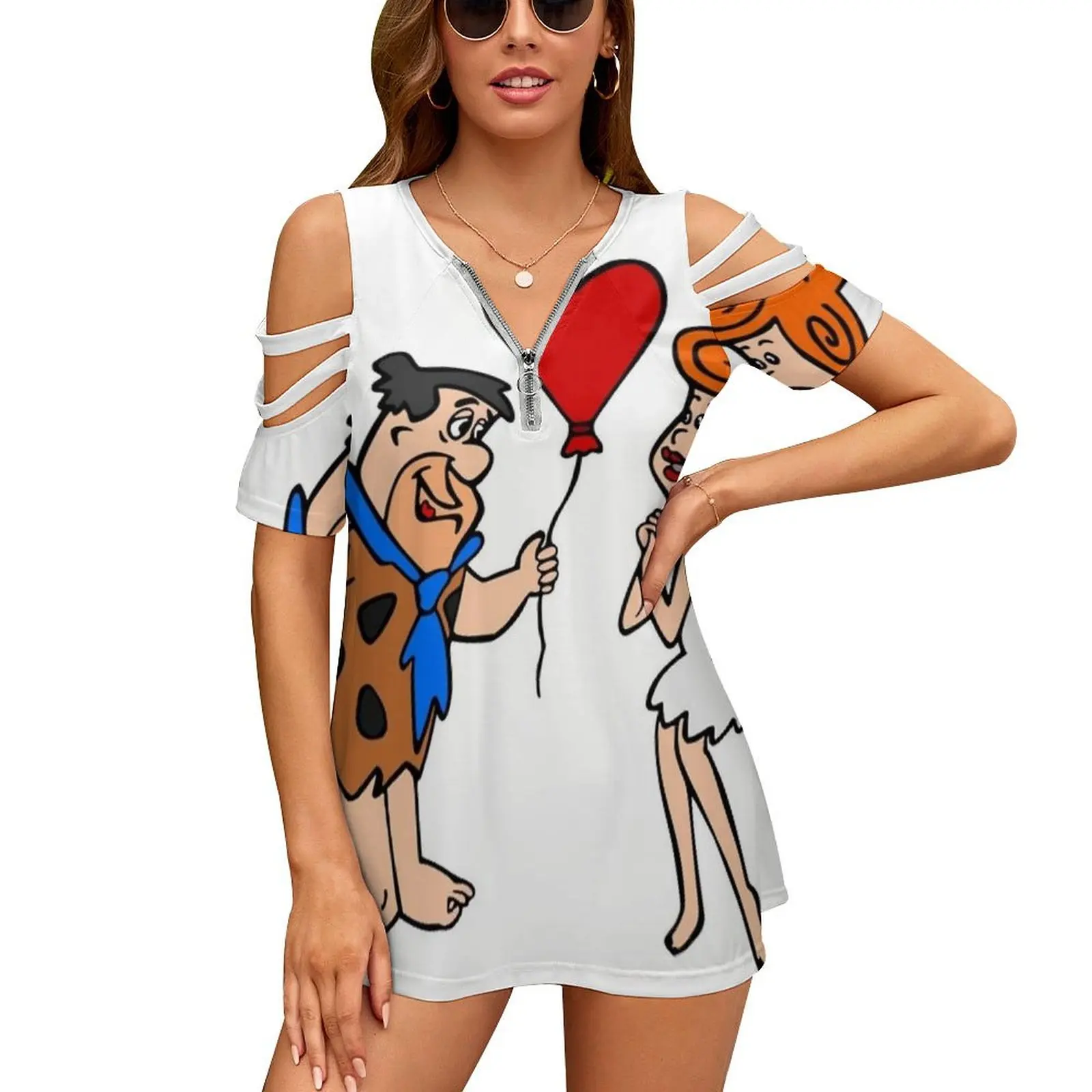 Flintstones Romance New Fashion Zip Off Shoulder Top Short-Sleeve Women Shirt Cartoon He Drew Love Flintstones Heart Colors