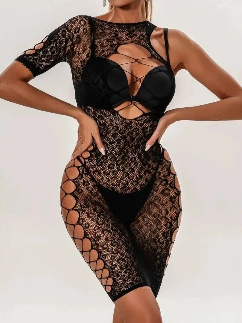 مثير واحدة الأكمام غير النظامية شبكة ليوبارد طباعة فستان من الدانتيل عارية الذراعين التفاف الورك الجولة الرقبة فستان قصير الساحرة ملهى ليلي UWPZ