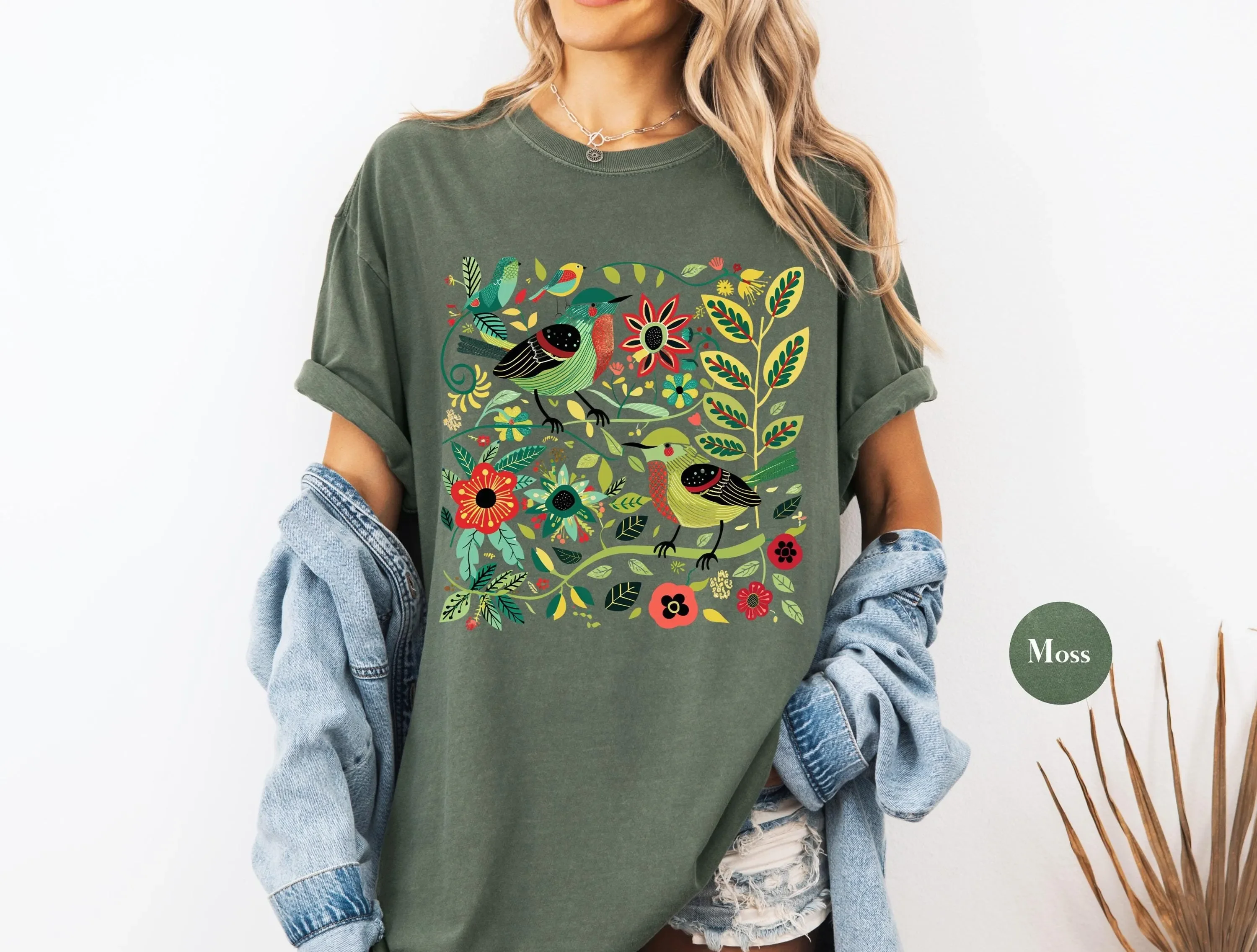 Vintage Cottagecore Nordic Birds and Flowers Scandi Folk Art  T Shirt Cottage Core s For Her S15