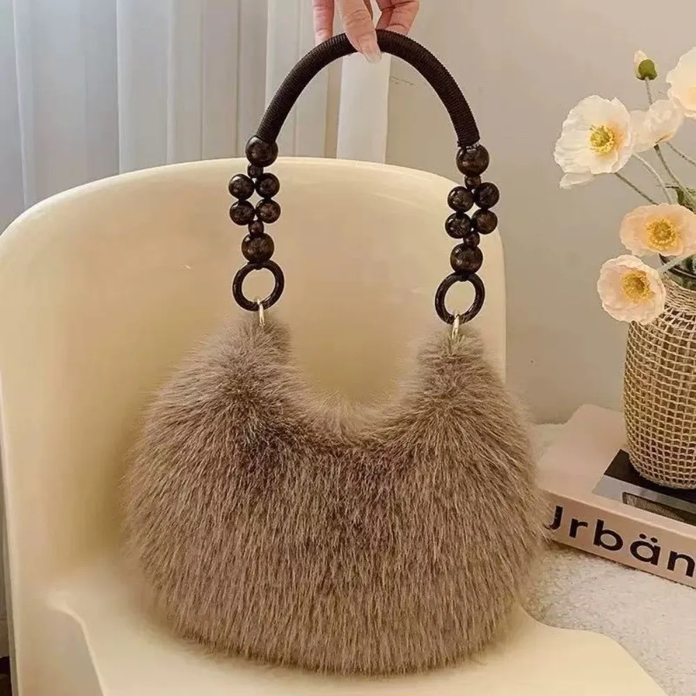 Minimalist Vintage Fluffy Shoulder Bag Zipper Closure Wooden Bead Handle Handbag Elegant Soft Underarm Bag Winter Autumn