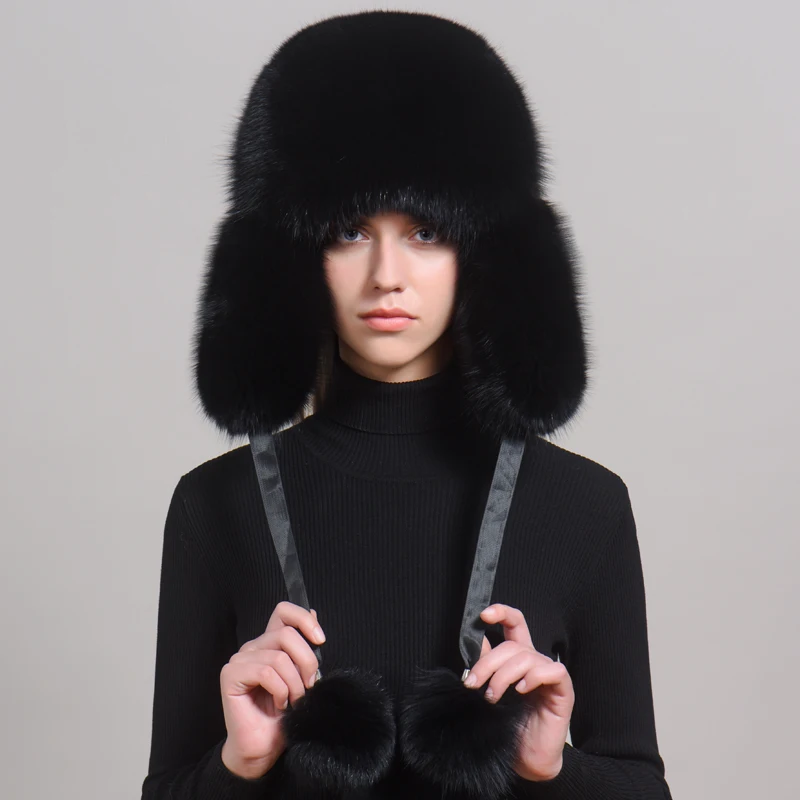 Real fur 100% Fox Skin Russian Businessmen Pilot Bombers Full Fur Women hat Ushanka Winter Ear Guard Hat Raccoon Fur Beanie hat