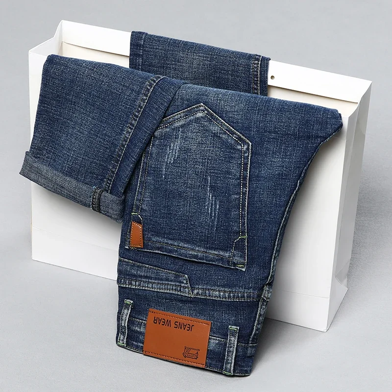 Men's Slim Straight Jeans Autumn New Classic Smoke Gray Cotton Stretch Small Legs Pants Fashion Korean Scratches Casual Trousers