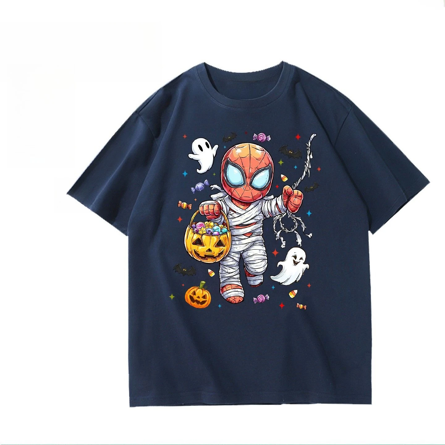 Disney Halloween Spiderman estampado de calabaza moda mujer alta calidad cuello redondo Camiseta suelta de talla grande Top de manga corta