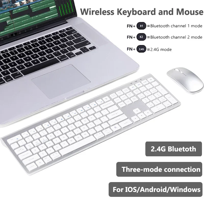 Bluetooth Keyboard Three-mode 2.4G Wireless Keyboard and Mouse Combo Multi-Device Rechargeable Keyboards for IOS/Android/Windows