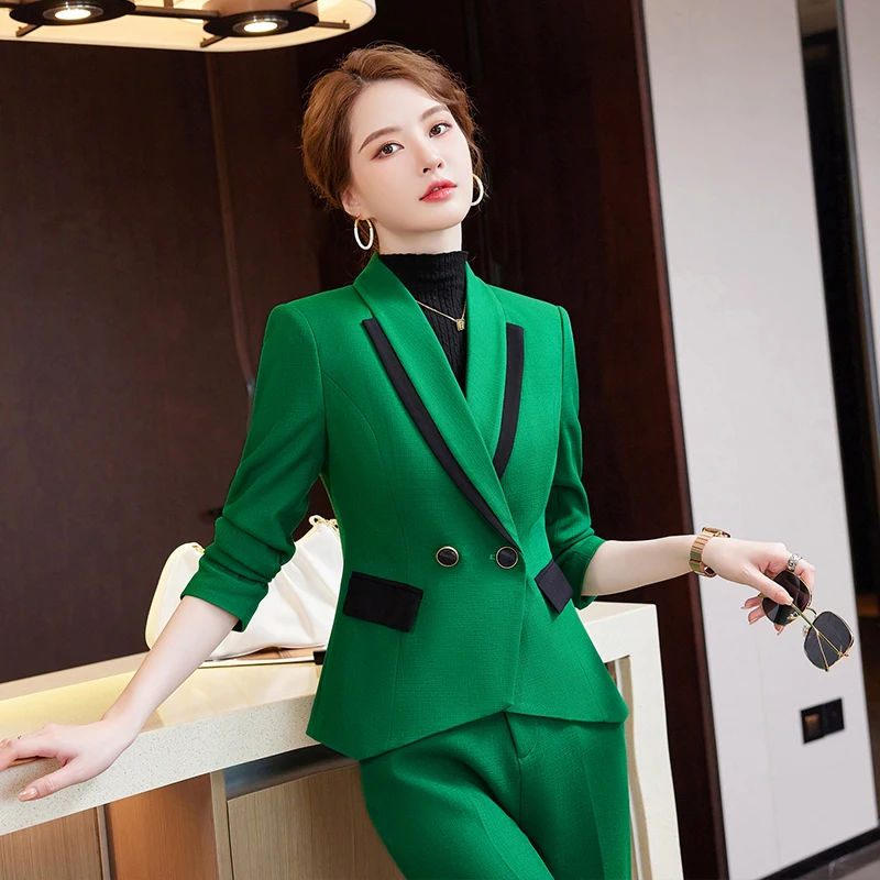 

Autumn Winter Formal Women Business Suits with Pants and Jackets Coat Professional Pantsuits Blazers Trousers Set Elegant Green