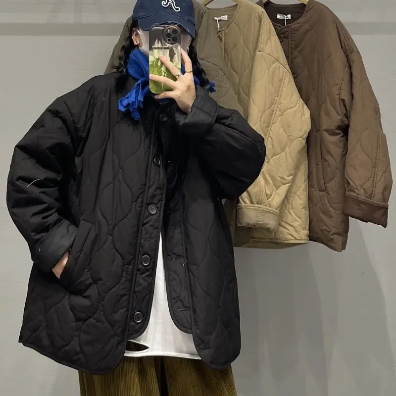 Coreano vintage acolchoado jaqueta outono inverno quente algodão casaco feminino leve manga longa botão design streetwear topos