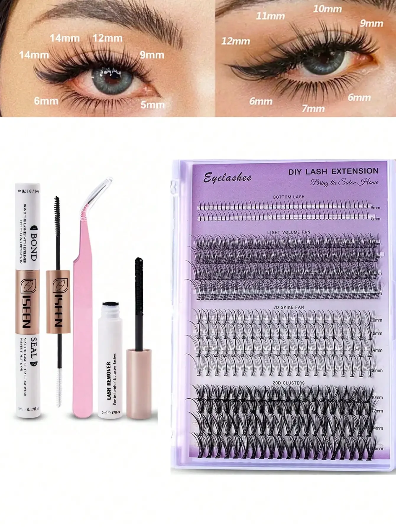 DlY Eyelash Extension Kit Individual Lashes Cluster D Curling Mix Lash Clusters With Lash Bond, Lash Remove And Tweezers