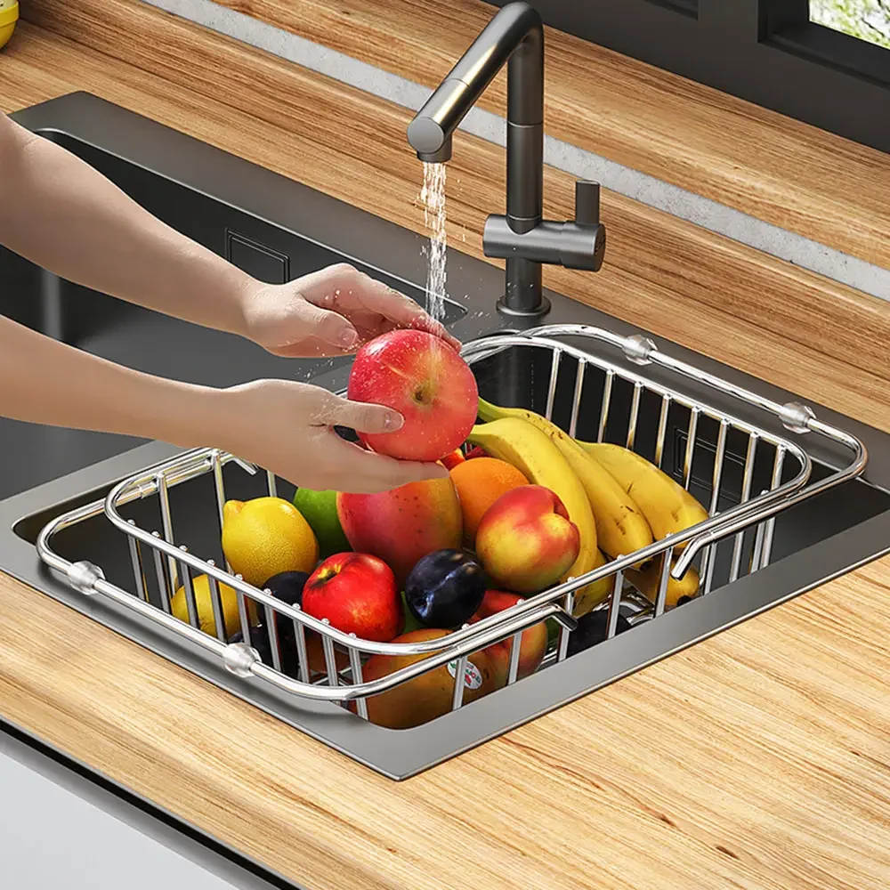 Adjustable Kitchen Sink Strainer with Drain Basket, Fruit and Vegetable Dish Rack Multifunctional Stainless Steel Sink Basket