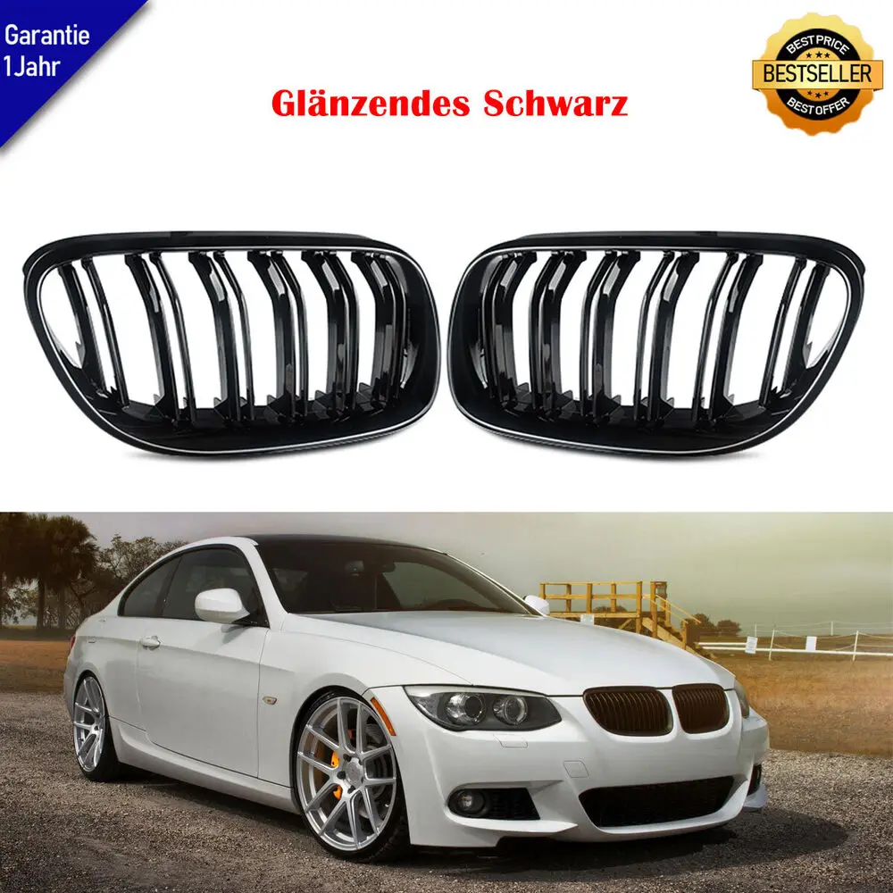 Schwarz Glänz Nieren Grill Kühlergrill Doppelsteg Für BMW E92 E93 2DR LCI Paar