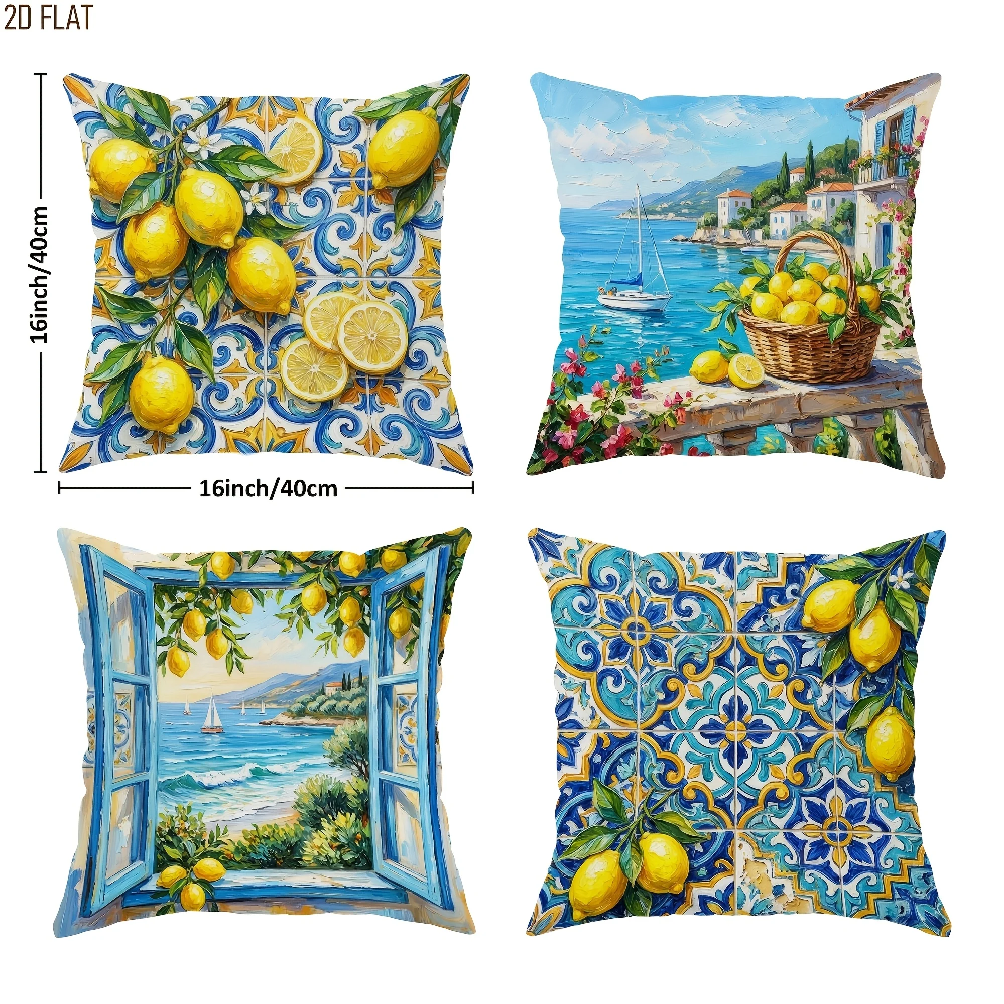 4 Piece Printed Throw Pillow Covers Set Lemon Mediterranean Style Coastal Art Polyester Cushion Pillowcase Home Decor Gift
