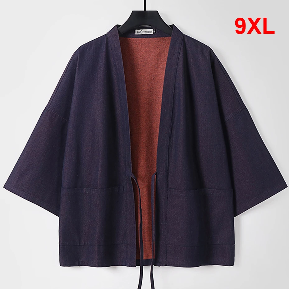 100% Cotton Denim Cardigan Shirts Men Summer Loose Kimono Shirts Jacket Solid Color Taoist Robe Double Side Wear Plus Size 9XL