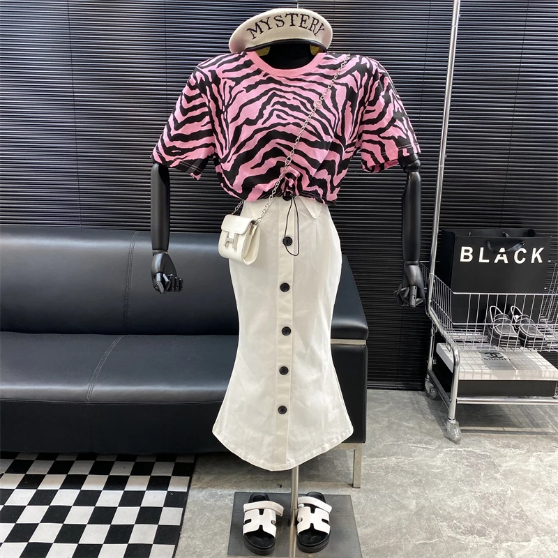 2022 New fashion Designer new style Famous brand Zebra stripes printing backless T-shirt Versatile Loose top