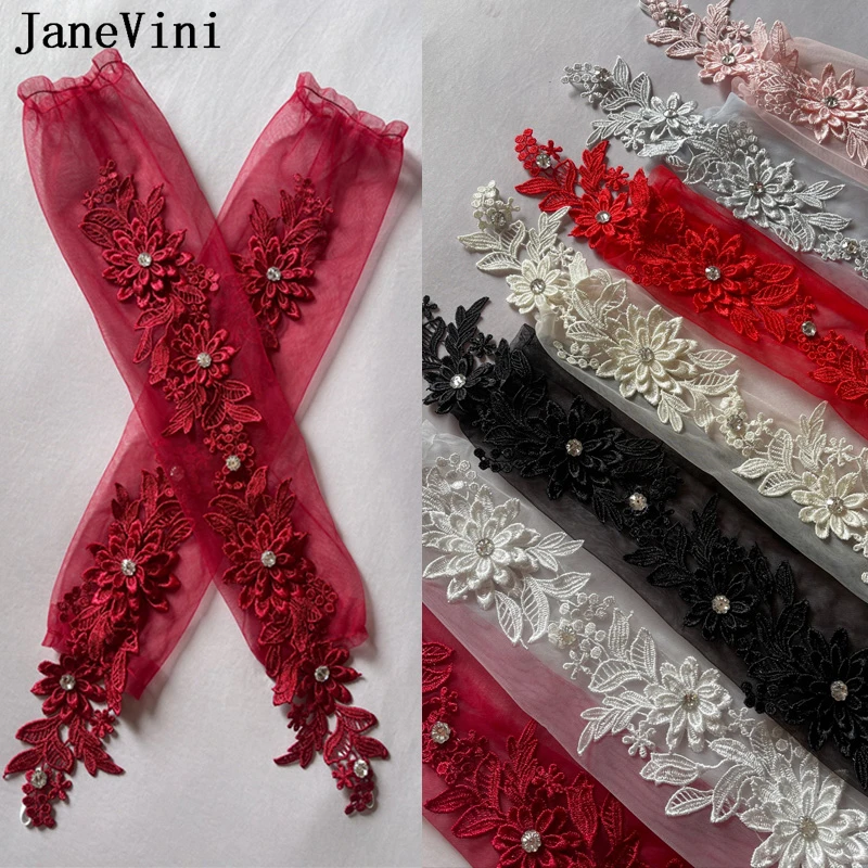 JaneVMini Appliqued Lace Gloves para mulheres, vinho vermelho, noiva frisada, tule, longo, luvas de casamento nupcial, Borgonha, sem dedos, noiva